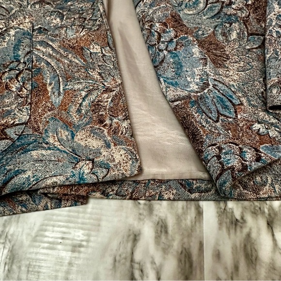 Pykettes Silk Blend Vtg Women Sz 14 80s Open Jacket Blazer Blue Brown Tapestry - Picture 2 of 9